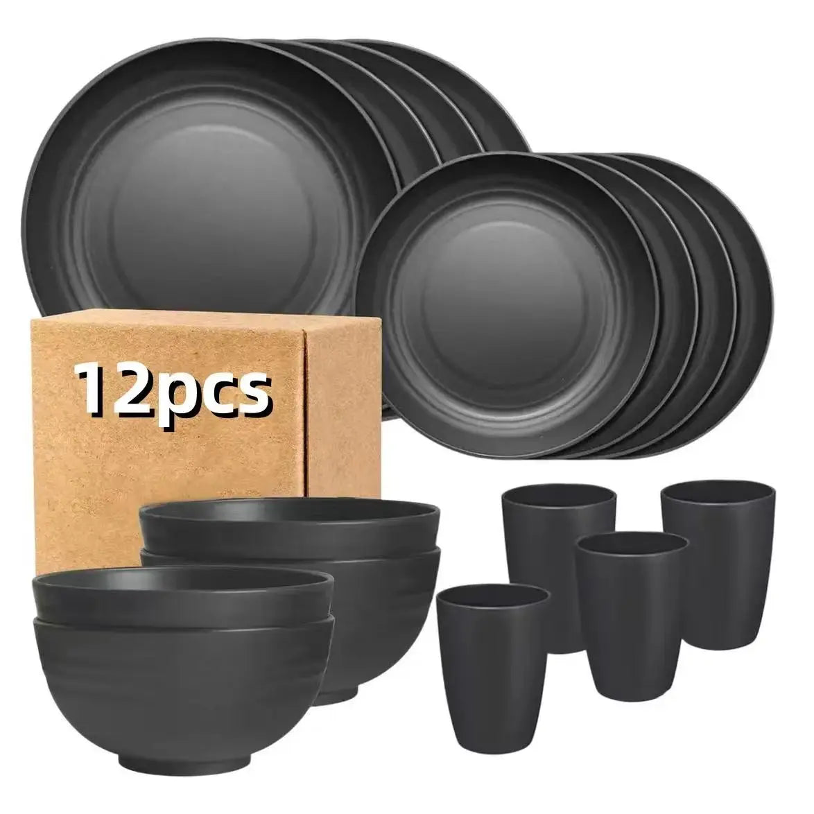 12pc Black Wheat Straw Dinnerware Sets - Dishes, Reusable Plastic Plates, Dishwasher and Microwave Plates and Bowls