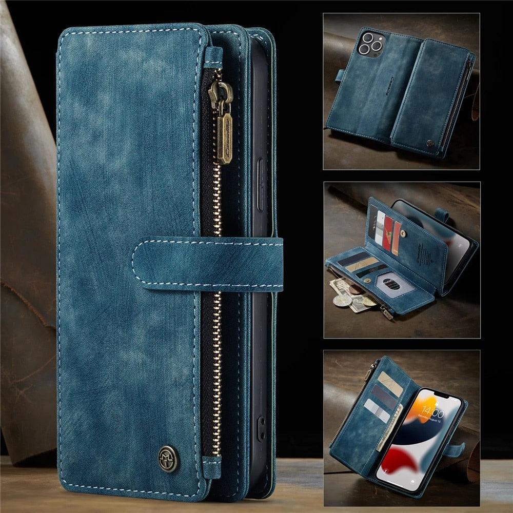 Vintage Card Holder Leather Wallet Case for iPhone 11 12 13 14 Pro Max Mini XR XS Max 8 7 6s Plus SE Storage Pocket Cover Flip Case PU Leather Protective Case With Magnetic Closure