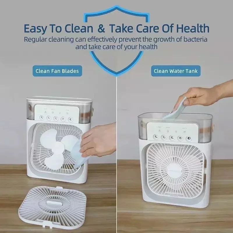 Portable USB Air Cooler Fan | 3-in-1 Fan, Mist Humidifier & 7-Color Light | Home, Office & Camping