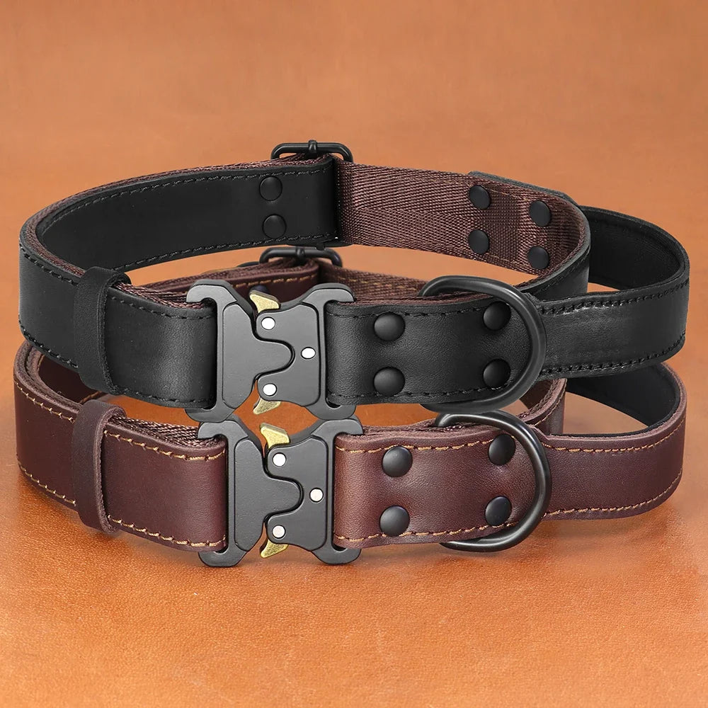 Real Leather Dog Collar With Handle Tactical Military Dog Leather Collar For Medium Large Dogs German Shepherd Training Hunting
