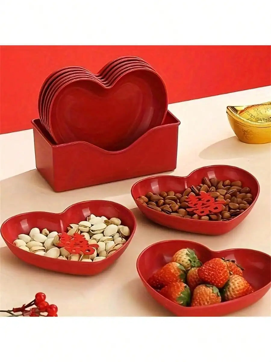 1/5/10/20pcs Plastic Heart Shaped Dinner Plate Set - Red and Pink Heart Themed Fruit Snacks Plate, Suitable for All