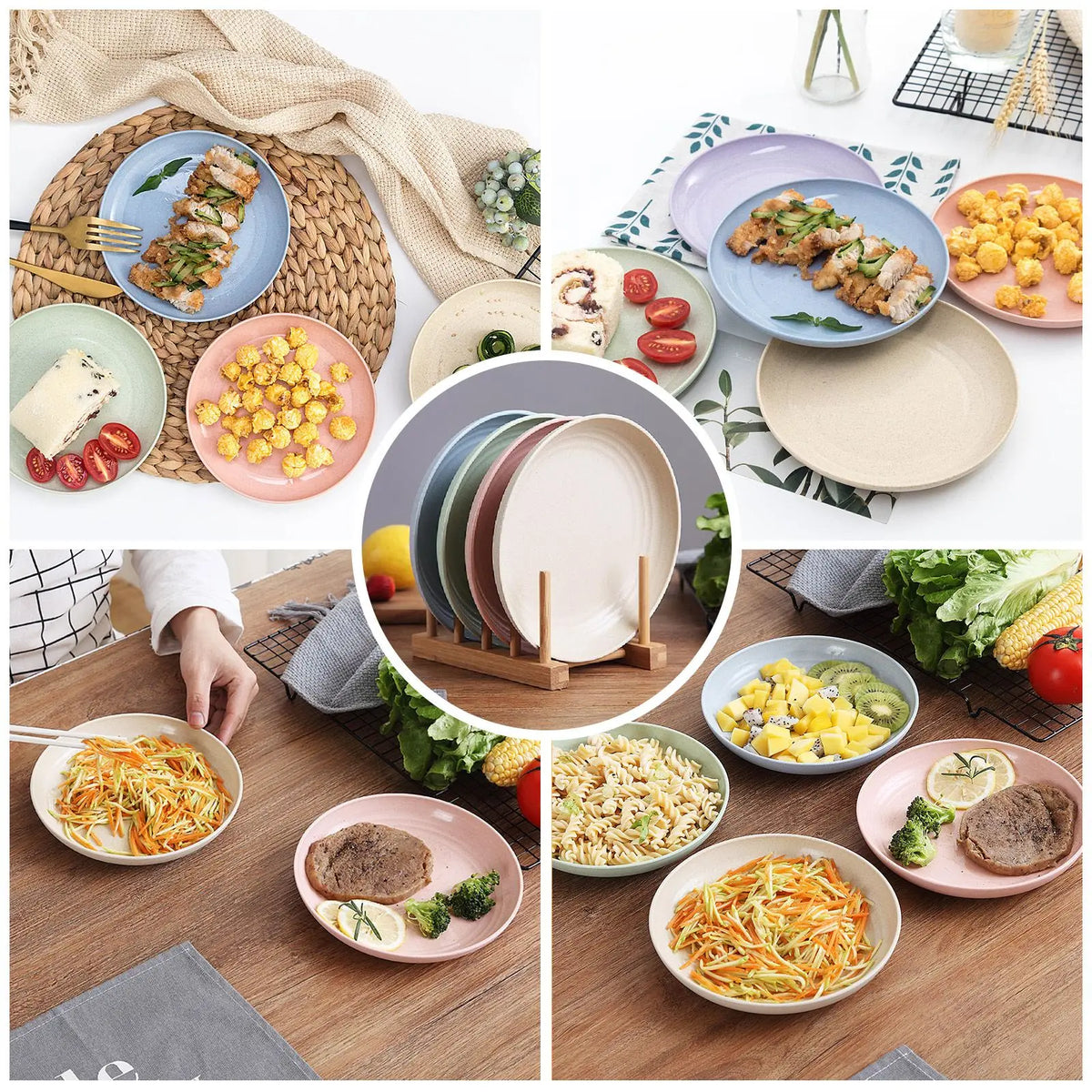 4Pcs Dinner Plate Set Wheat Straw Eco Friendly BPA Free Biodegradable Picnic Fruit Snack Plate Bone Dishes Kitchen Accessories