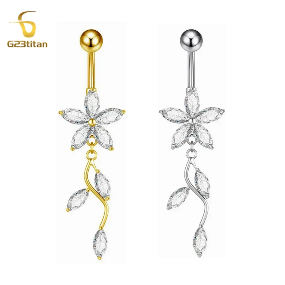 Stainless Steel Dangle Belly Button Ring Crystal Flower
