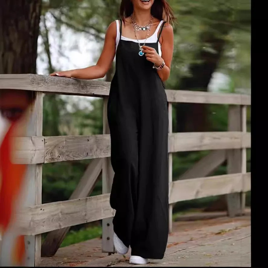 Women's Summer Sleeveless Jumpsuit Solid Color Wide Leg Bib Overalls Casual Loose Cotton Linen Straps Dungaree
