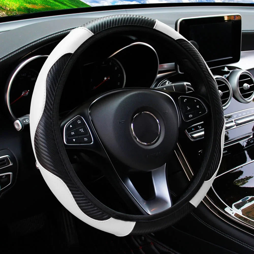 PU Carbon Fiber Leather Car Steering Wheel Cover | 14.5-15 Inch Grip Enhancer
