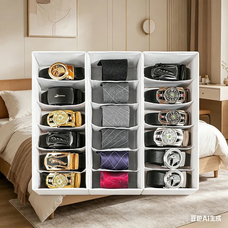 2-Pack Foldable Belt Organizer - 6-Grid Closet Storage Box for Ties/Clothes, White Fabric Space Saver
