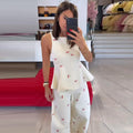 Casual Printed Women's Top Trouser Suits Sleeveless O-Neck Wide Leg