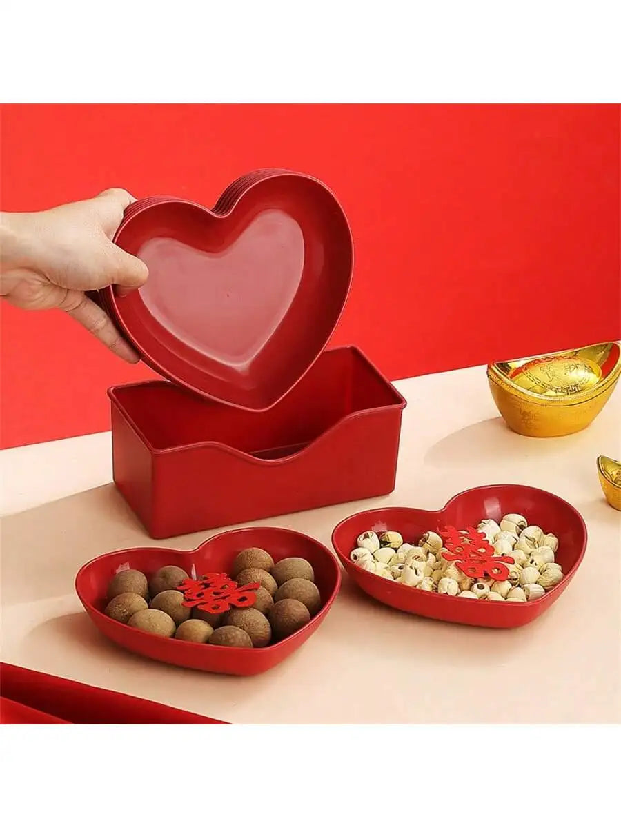 1/5/10/20pcs Plastic Heart Shaped Dinner Plate Set - Red and Pink Heart Themed Fruit Snacks Plate, Suitable for All