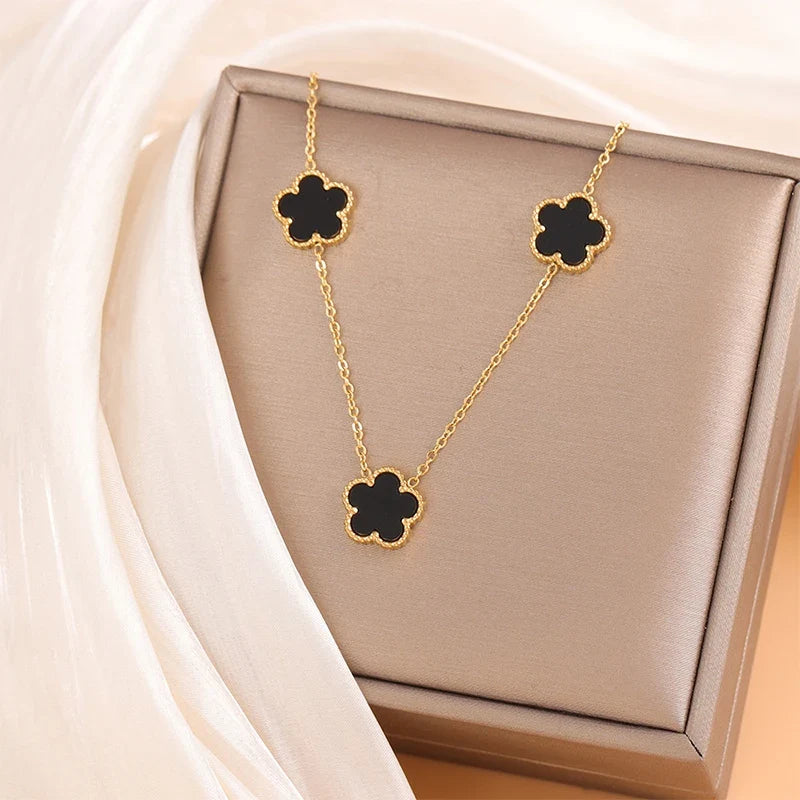 Gold Plated Stainless Steel Necklace Woman Five Leaf Petals Double Sided Necklaces