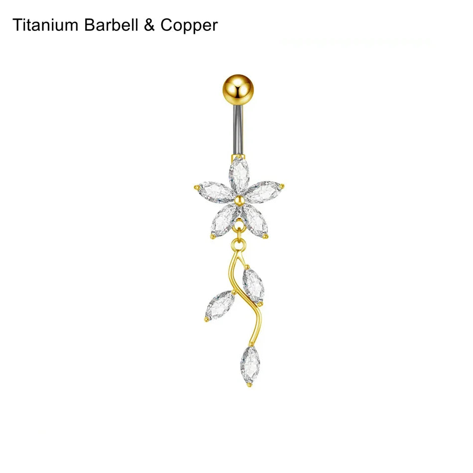Stainless Steel Dangle Belly Button Ring Crystal Flower