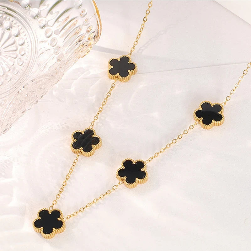 Gold Plated Stainless Steel Necklace Woman Five Leaf Petals Double Sided Necklaces