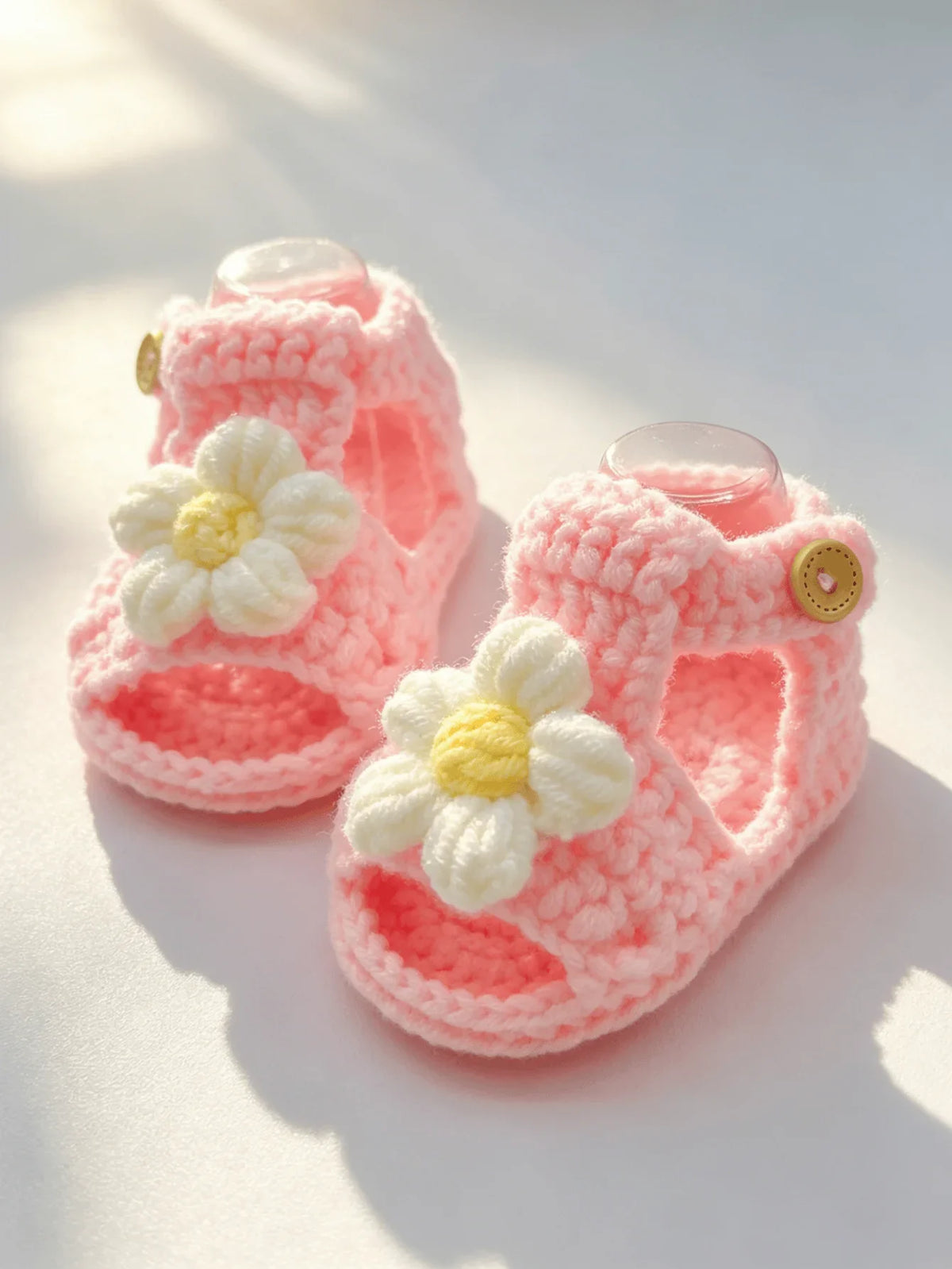 1 Pair Crochet Baby Sandal Booties, Pink, Daisy Flower Accent