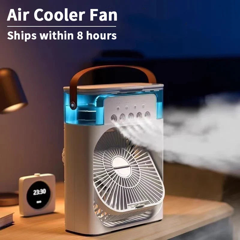 Portable USB Air Cooler Fan | 3-in-1 Fan, Mist Humidifier & 7-Color Light | Home, Office & Camping