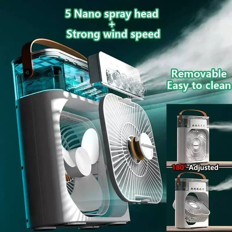 Portable USB Air Cooler Fan | 3-in-1 Fan, Mist Humidifier & 7-Color Light | Home, Office & Camping