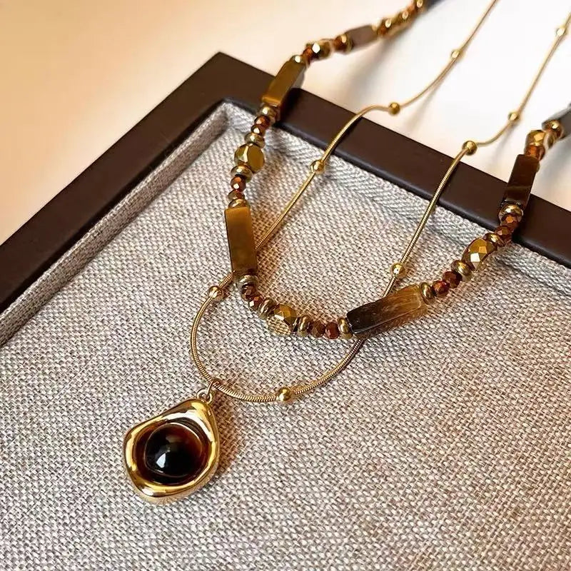 Retro Temperament Layered Tiger Eye Stone Pendant Necklace