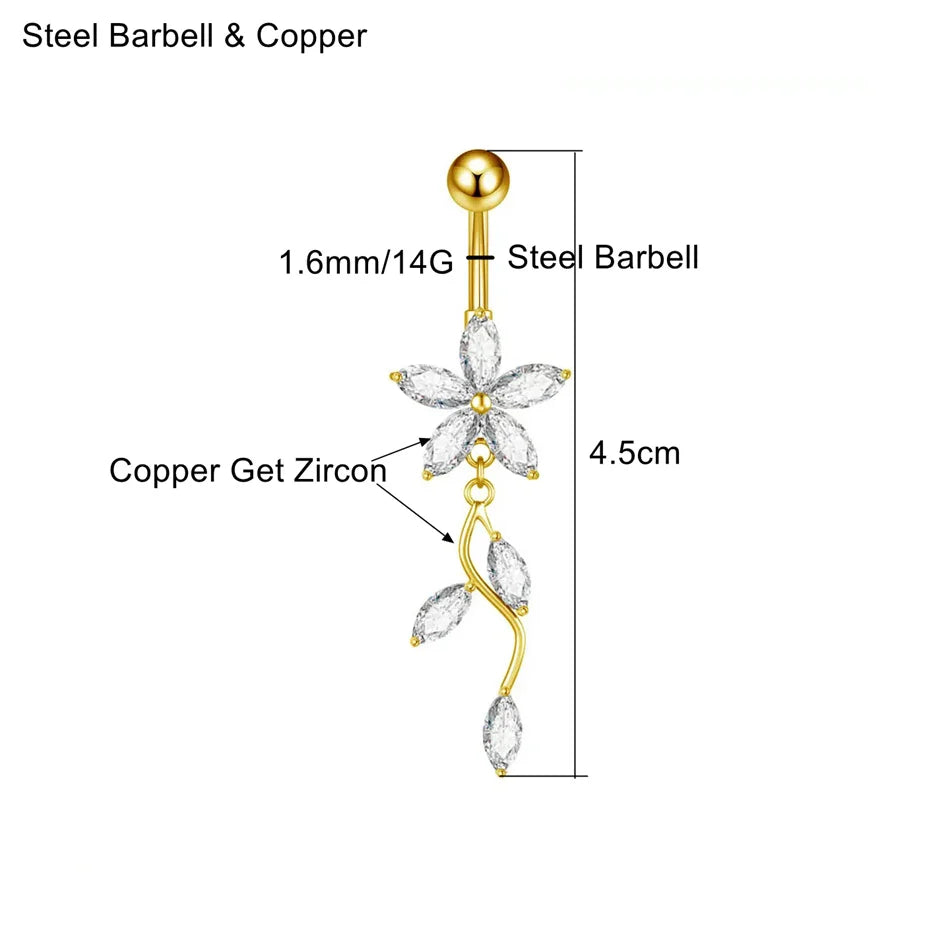 Stainless Steel Dangle Belly Button Ring Crystal Flower