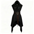Women Irregular Hem Renaissance Elf Tunic Robe Medieval Ranger Hooded Sleeveless Cloak Belt for LARP Halloween Witch Hunter