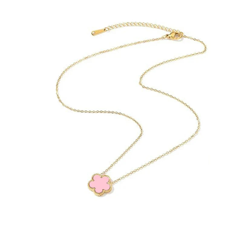 Gold Plated Stainless Steel Necklace Woman Five Leaf Petals Double Sided Necklaces