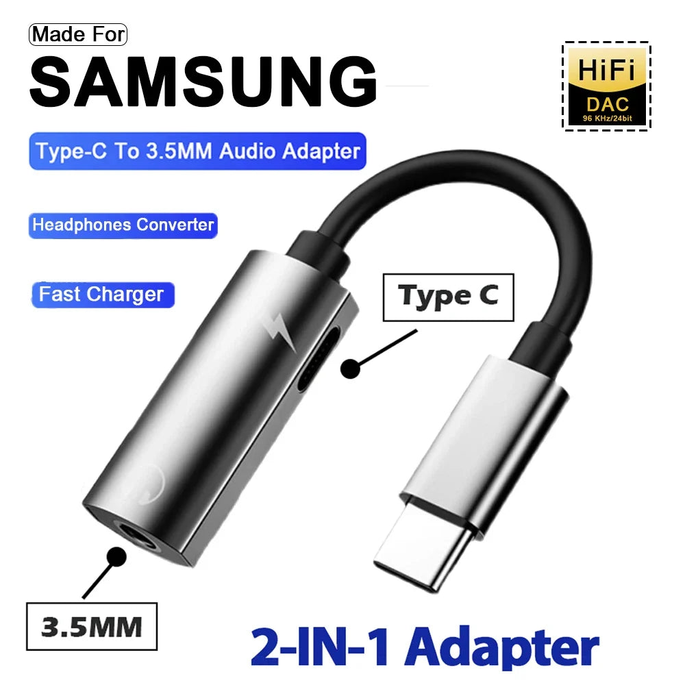 2 in 1 Type C To 3.5MM Headphones Jack Audio Adapter For Samsung Galaxy S24 S23 S22 Ultra A54 A34 A53 Note 20 10 USB C Charger