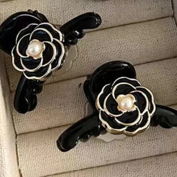 2Pcs Retro French Black Temperament Camellia Small Grip Princess Hair Clip Side Hairpin Clip