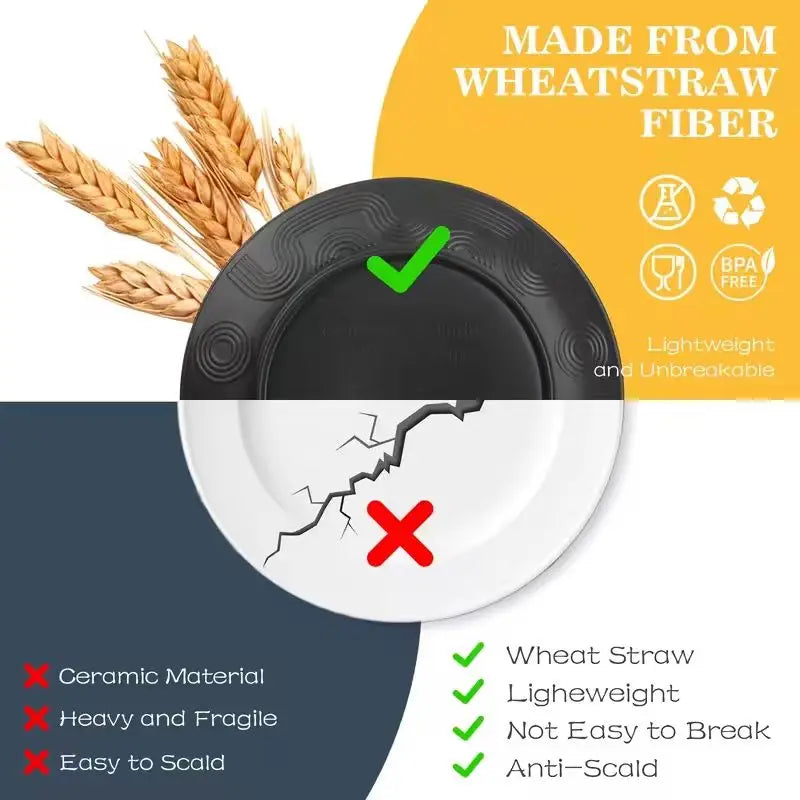 12pc Black Wheat Straw Dinnerware Sets - Dishes, Reusable Plastic Plates, Dishwasher and Microwave Plates and Bowls