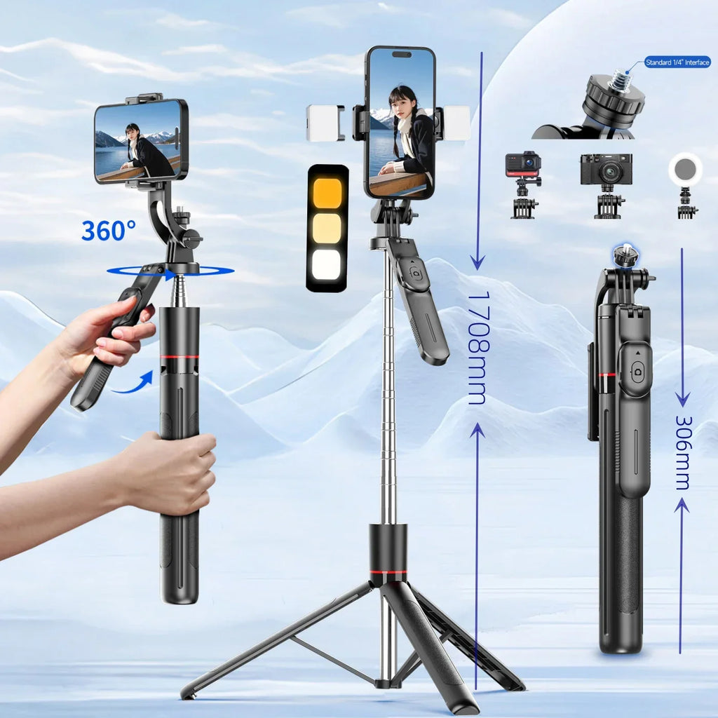 Selfie Stick 1.7 Meter Ultra Long Stretch Portable debounce Phone Holder Bluetooth Remote With Fill light Tripod Stand For Live