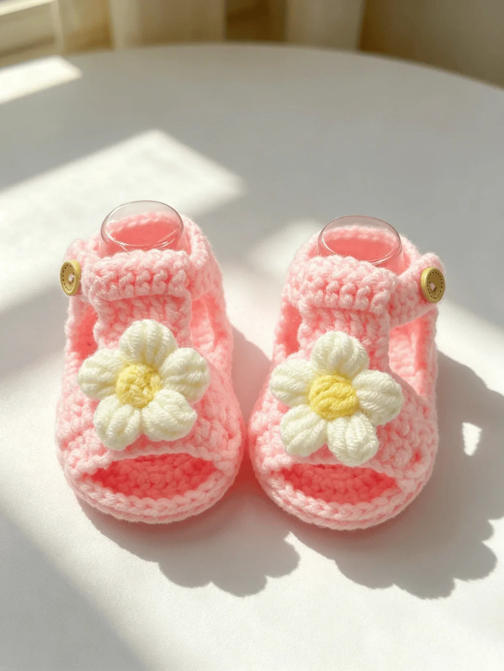 1 Pair Crochet Baby Sandal Booties, Pink, Daisy Flower Accent