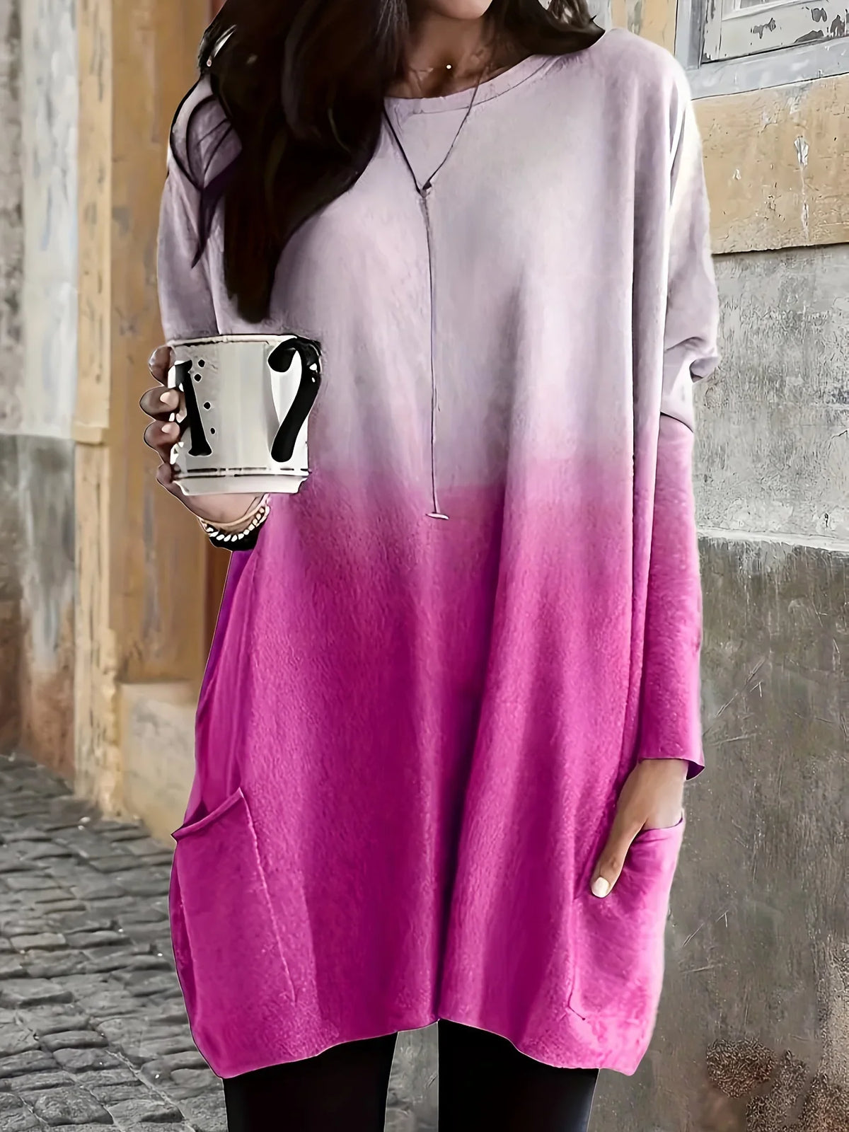 Fall/Winter New Fashionable Elegant Gradient Print Casual Crew Neck Pocket Plus Size Women's Long T-Shirt Top