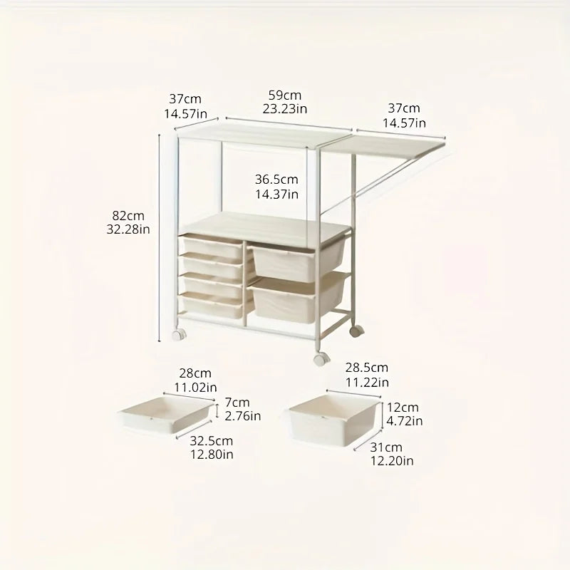 Rolling Kitchen Island Cart | 6-Drawer Storage Cart with Fold-Out Extended Desktop | Kitchen, Dining Room & Home Office