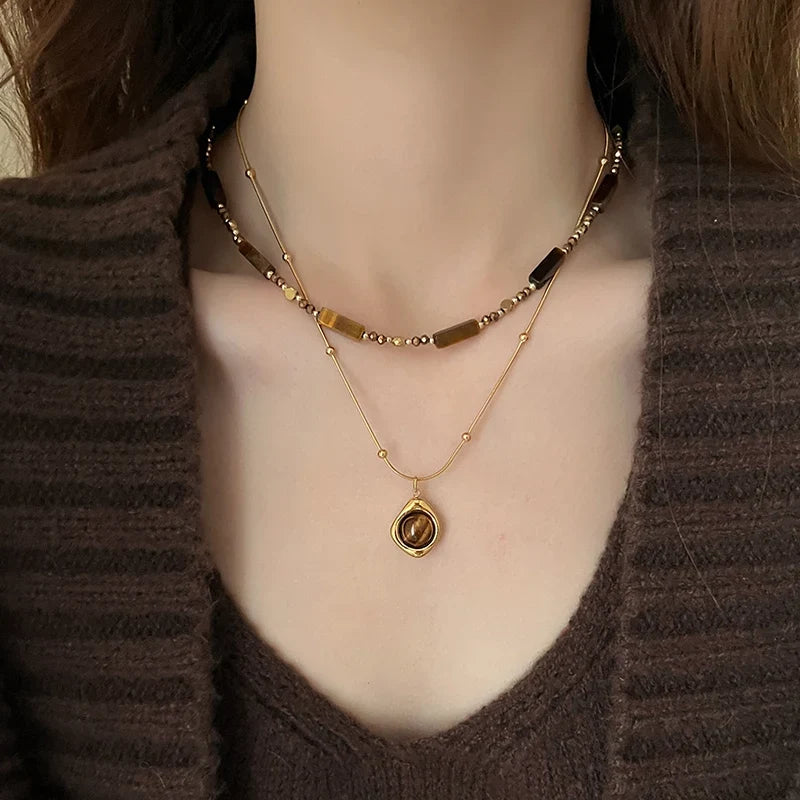 Retro Temperament Layered Tiger Eye Stone Pendant Necklace