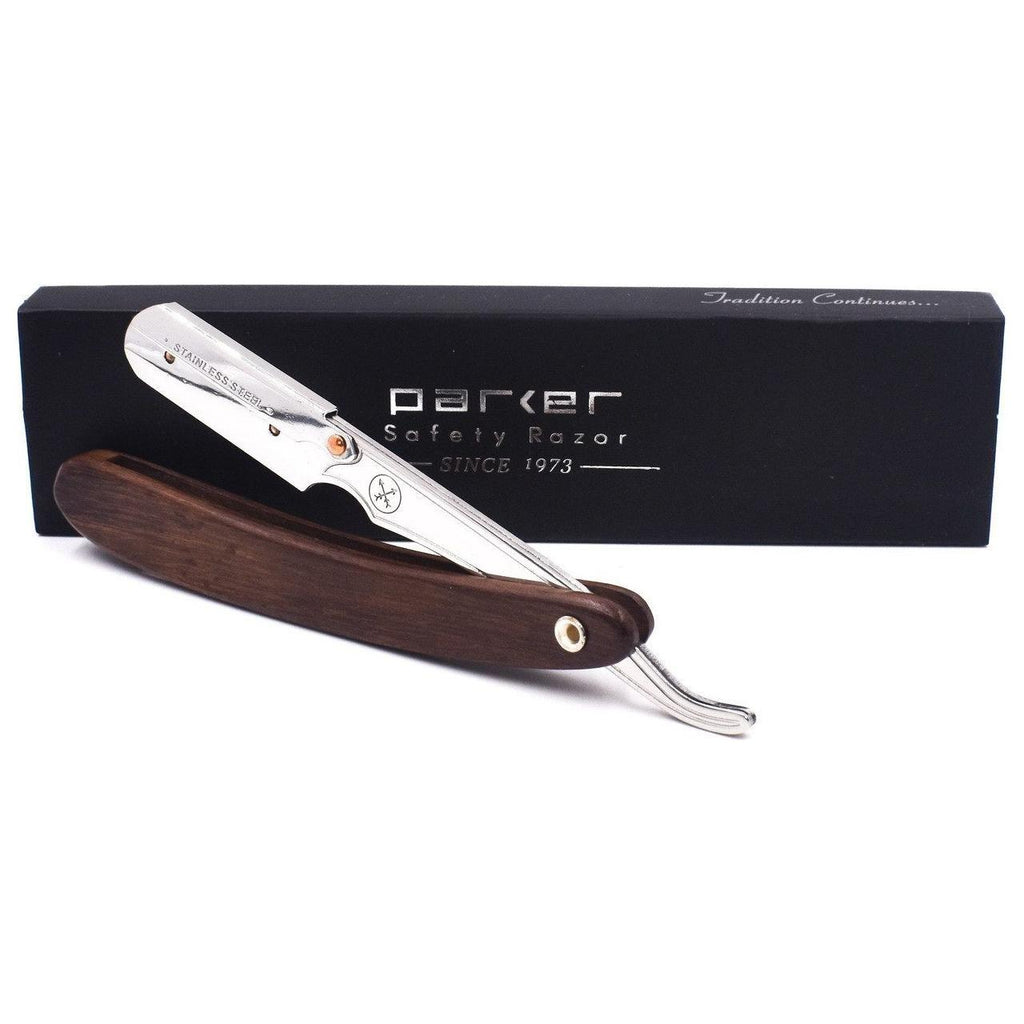 Parker SRDW Clip-Type Dark Sheesham Wood Handle Stainless Steel Straight Barber Shavette Razor