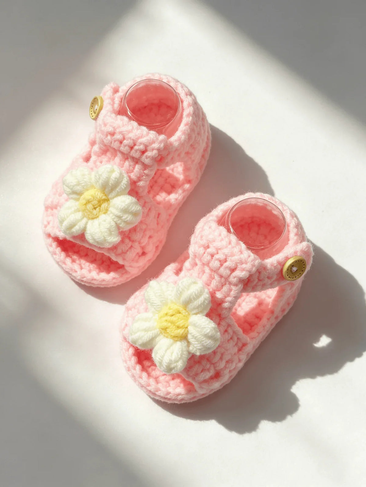 1 Pair Crochet Baby Sandal Booties, Pink, Daisy Flower Accent