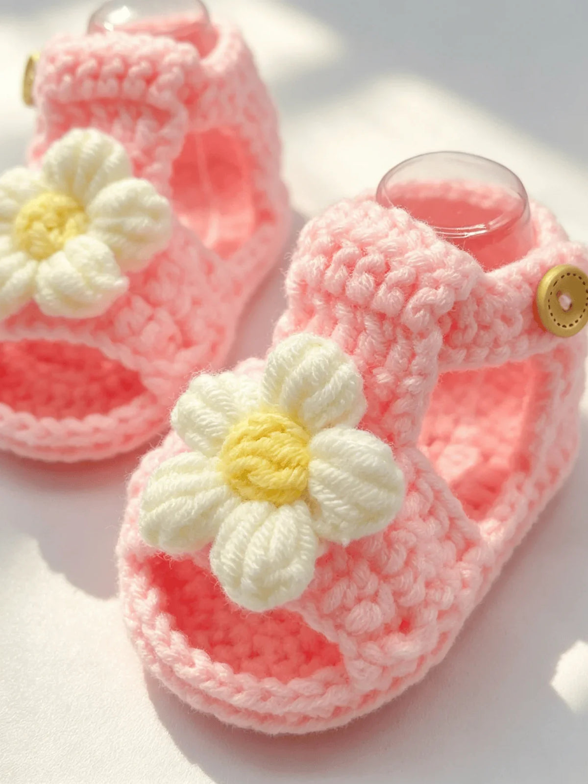 1 Pair Crochet Baby Sandal Booties, Pink, Daisy Flower Accent