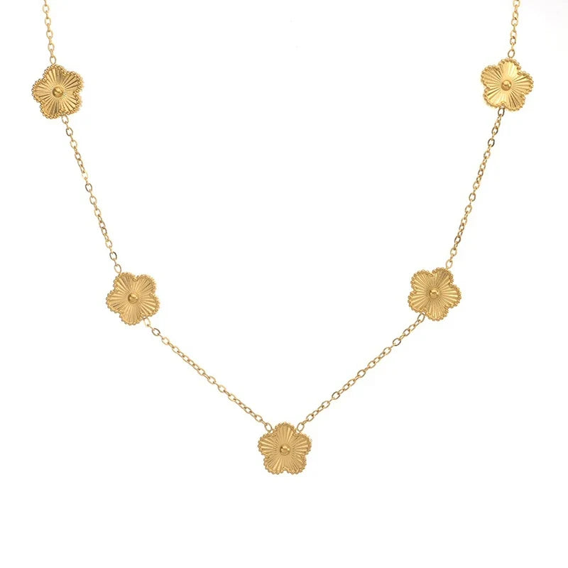 Gold Plated Stainless Steel Necklace Woman Five Leaf Petals Double Sided Necklaces