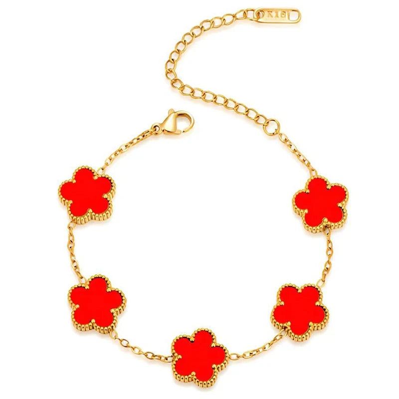 Gold Plated Stainless Steel Necklace Woman Five Leaf Petals Double Sided Necklaces