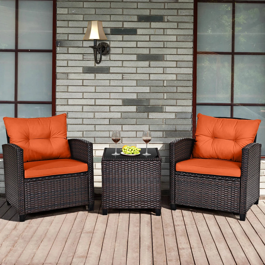 3 PCS Patio Rattan Furniture Set Cushioned Conversation Set Sofa Orange