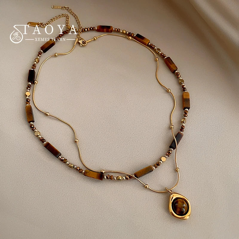 Retro Temperament Layered Tiger Eye Stone Pendant Necklace