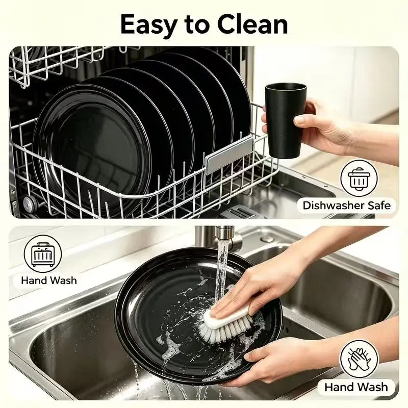 12pc Black Wheat Straw Dinnerware Sets - Dishes, Reusable Plastic Plates, Dishwasher and Microwave Plates and Bowls