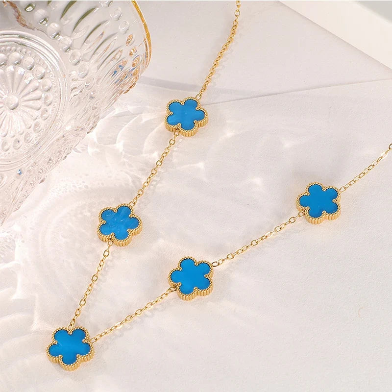 Gold Plated Stainless Steel Necklace Woman Five Leaf Petals Double Sided Necklaces