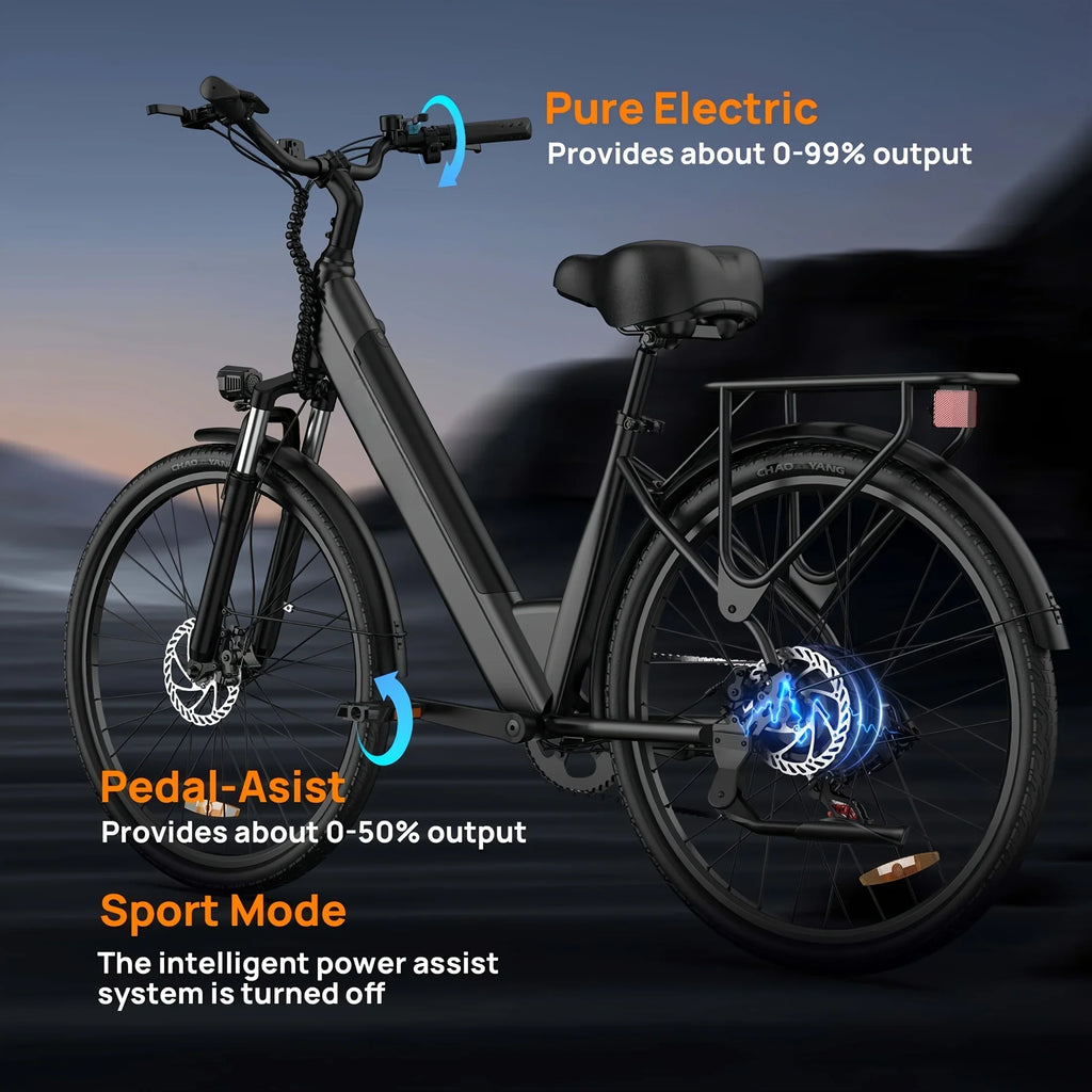 Peak 750W E26 Electric Bike 26x2" Commuter Tires 48V 10.4Ah Removable Battery 20MPH Speed 7-Speeds LCD Display