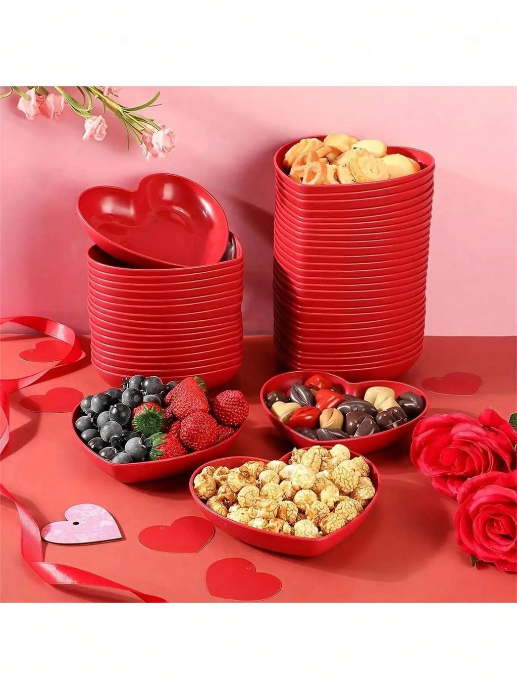 1/5/10/20pcs Plastic Heart Shaped Dinner Plate Set - Red and Pink Heart Themed Fruit Snacks Plate, Suitable for All