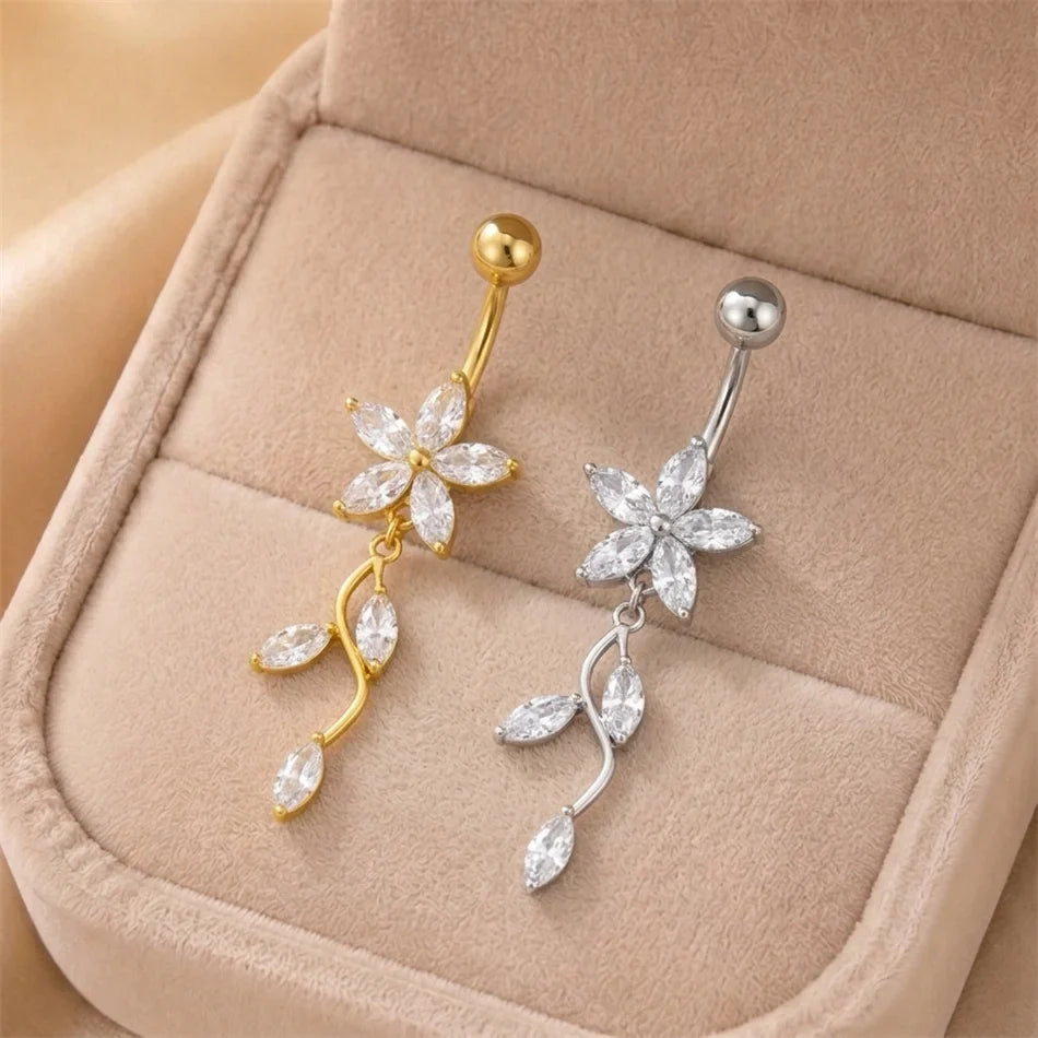 Stainless Steel Dangle Belly Button Ring Crystal Flower