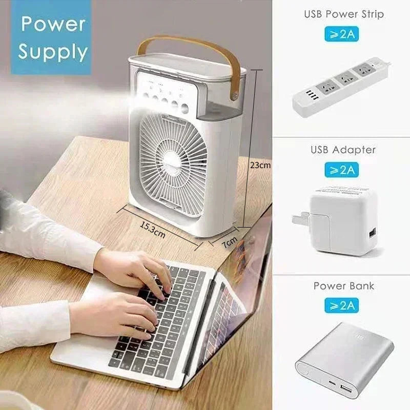 Portable USB Air Cooler Fan | 3-in-1 Fan, Mist Humidifier & 7-Color Light | Home, Office & Camping