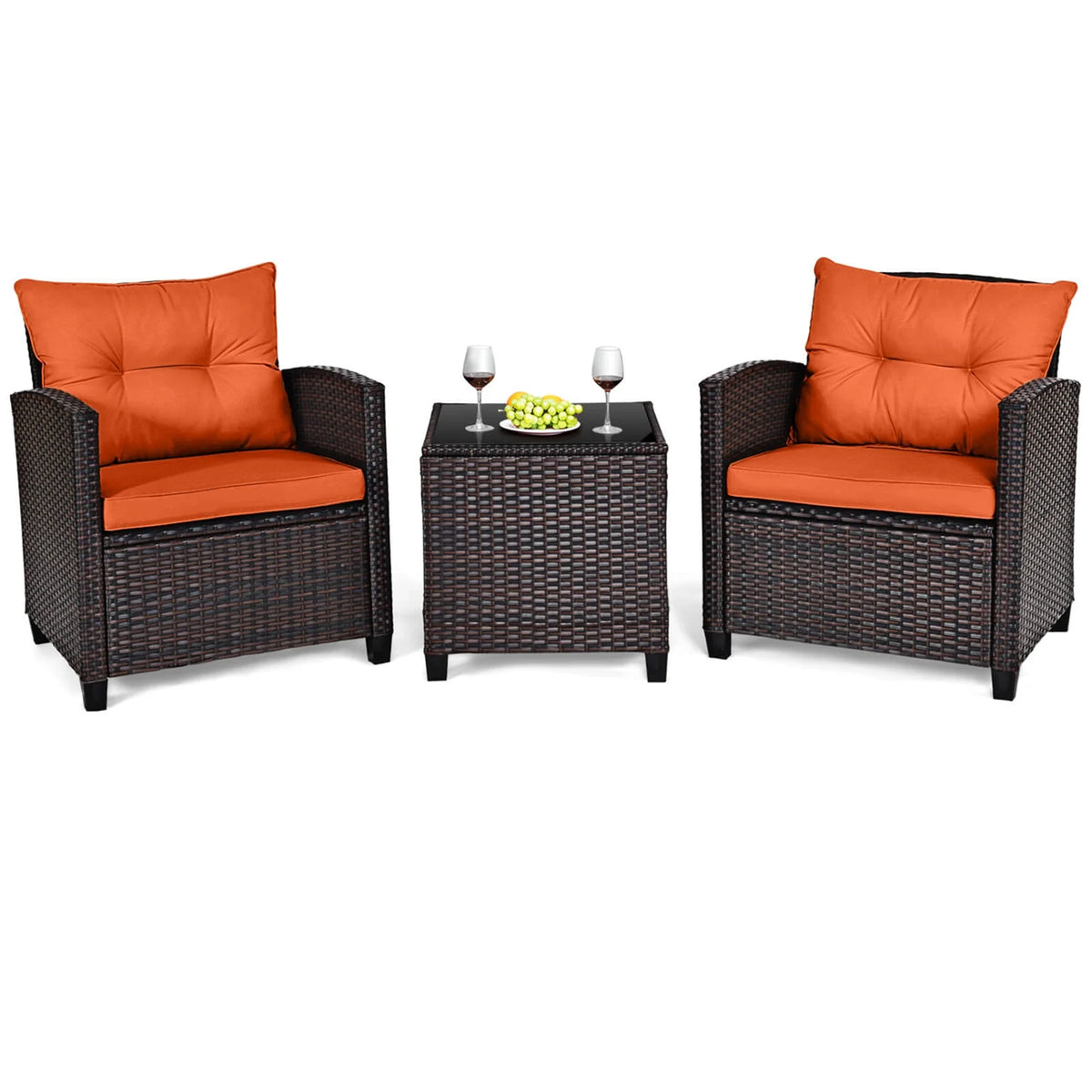 3 PCS Patio Rattan Furniture Set Cushioned Conversation Set Sofa Orange