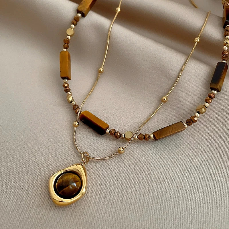 Retro Temperament Layered Tiger Eye Stone Pendant Necklace