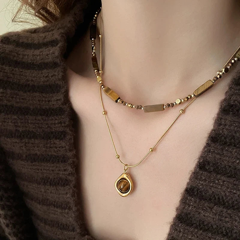 Retro Temperament Layered Tiger Eye Stone Pendant Necklace