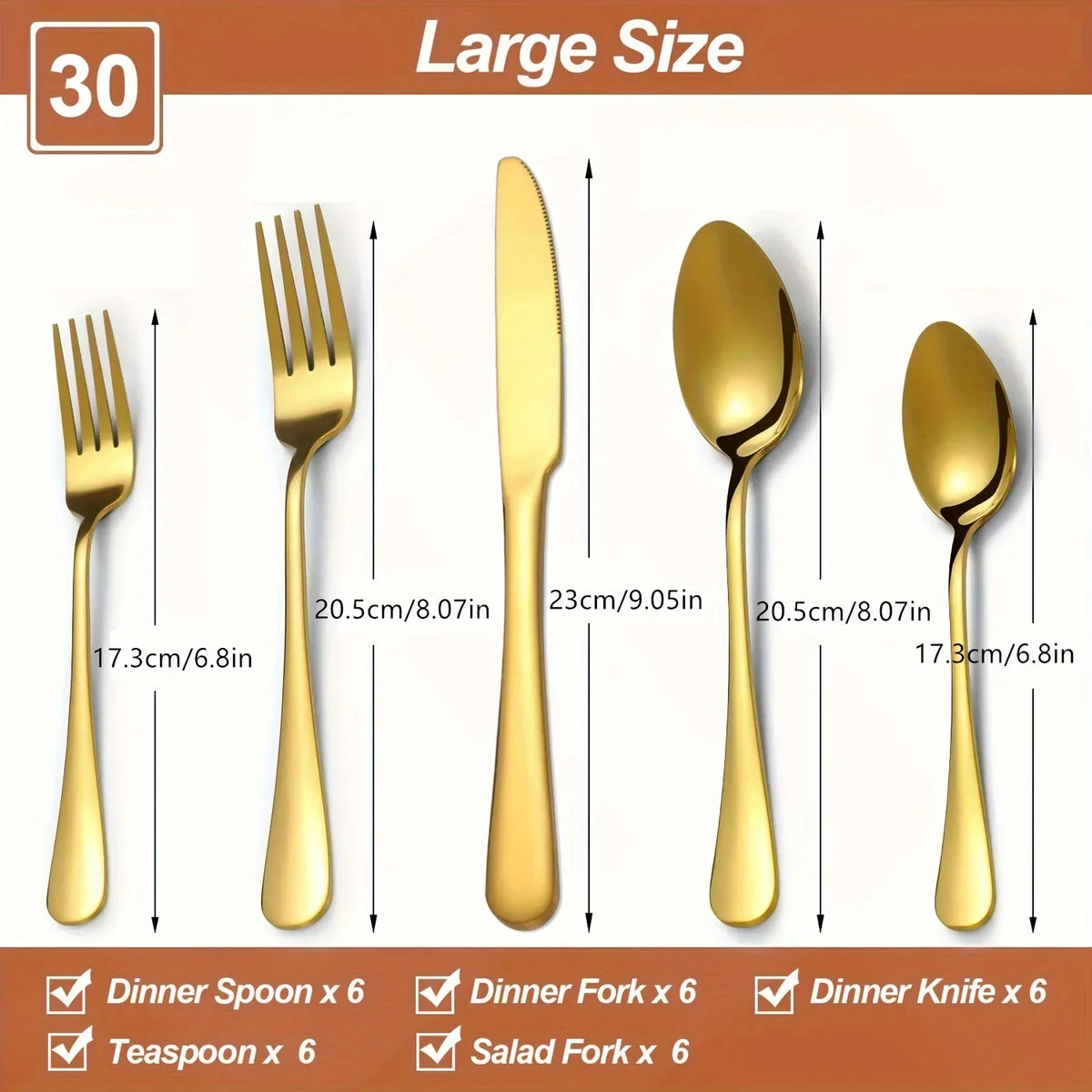 30/60-Piece Luxury Golden Flatware Set, Stainless Steel Cutlery Includes Dinner Spoons,Dinner Forks, Salad Forks, Dinner Knives