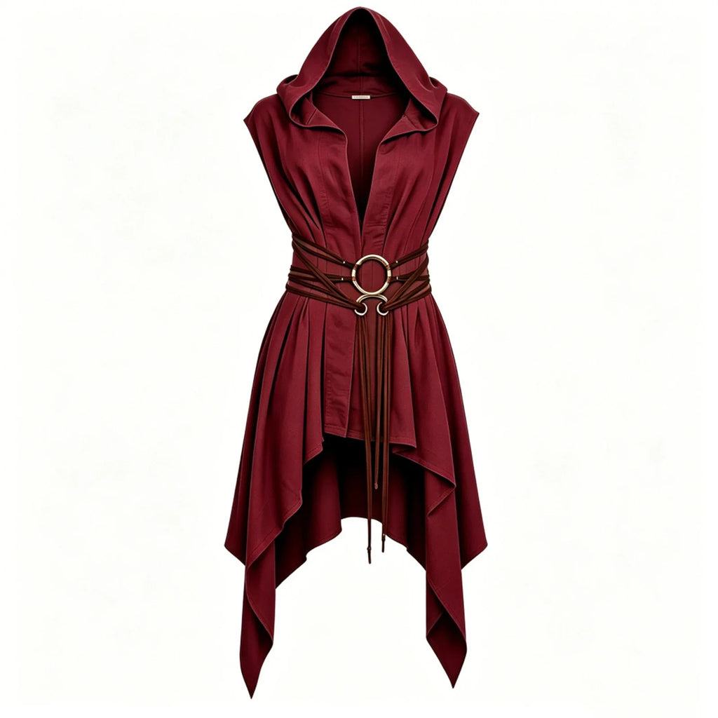 Women Irregular Hem Renaissance Elf Tunic Robe Medieval Ranger Hooded Sleeveless Cloak Belt for LARP Halloween Witch Hunter