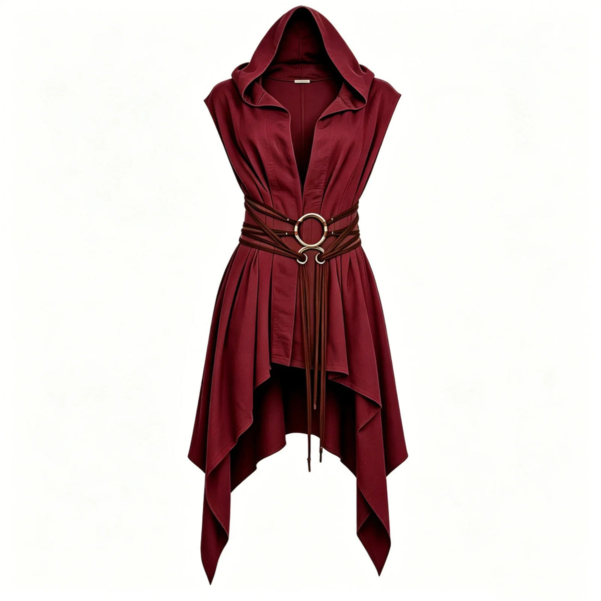 Women Irregular Hem Renaissance Elf Tunic Robe Medieval Ranger Hooded Sleeveless Cloak Belt for LARP Halloween Witch Hunter