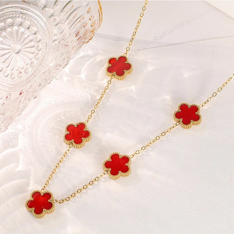 Gold Plated Stainless Steel Necklace Woman Five Leaf Petals Double Sided Necklaces